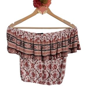 Francescaβs Belle Tweed white boho printed off the shoulder ruffle top